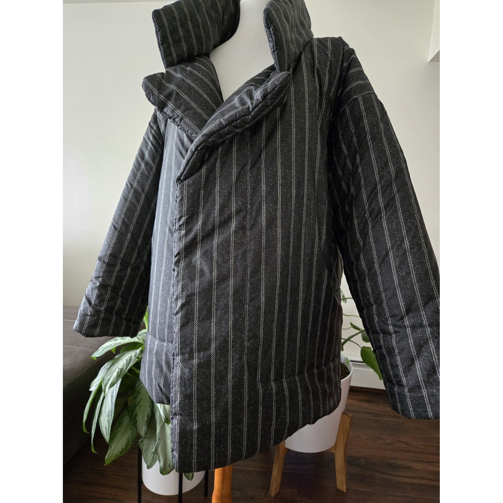 Norma Kamali Reversible Sleeping Bag Coat Striped Black Gray White M/L Made Usa